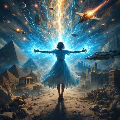 The primary subject of the image is a woman standing in a cityscape with a blue dress. She is surrounded by various elements, including a spaceship, a pyramid, and a few other spaceships. The setting appears to be futuristic, with the woman being the focal point of the scene. The visual style of the image is digital art, which adds to the futuristic atmosphere. The colors in the image are predominantly blue, which contributes to the overall mood of the scene.